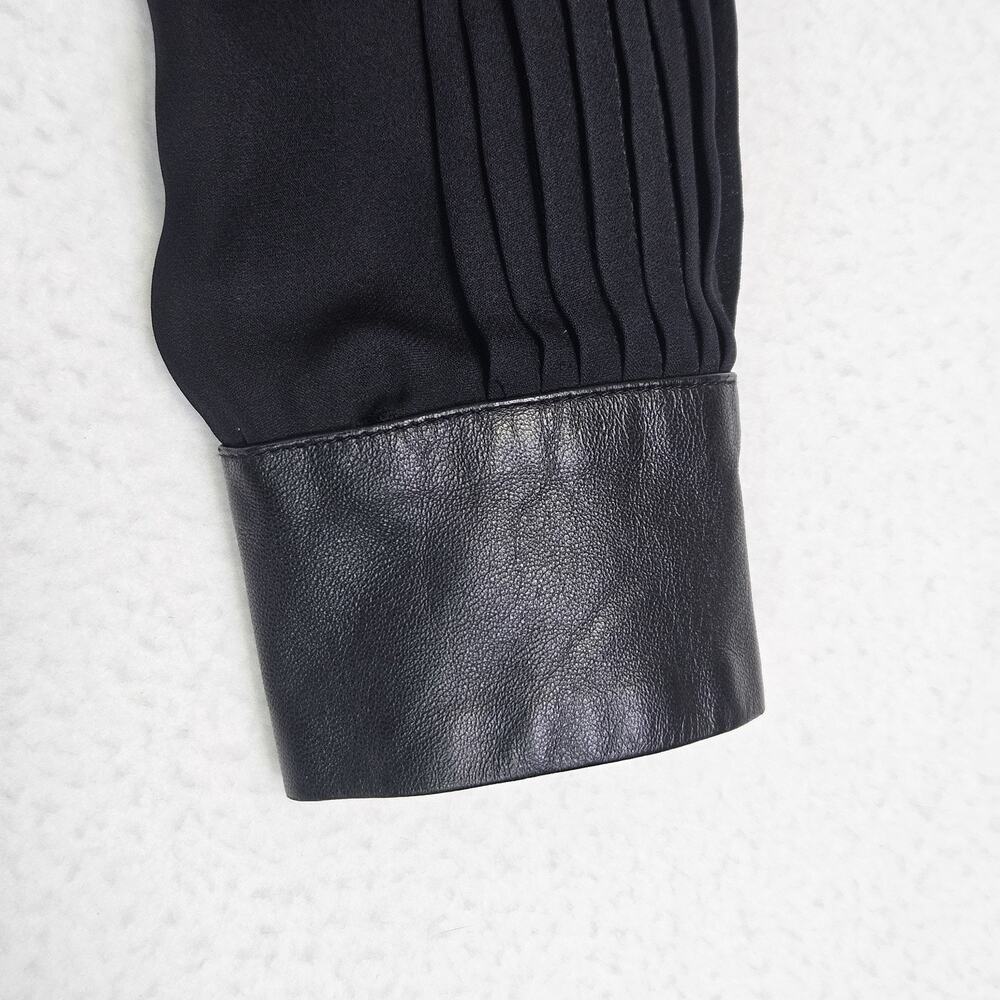 Haute Hippie 100% Silk Blouse S Leather Trim Tuxedo Pintuck Black Sheer Luxury - Picture 10 of 16